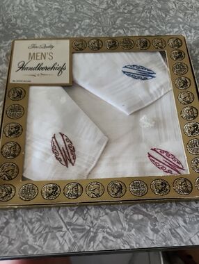 Men's White Cotton Pocket Squares with Blue, Red, and Pink Embroidered Motifs